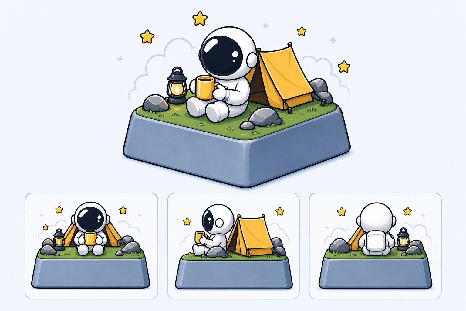 Astronaut camping artisan keycap concept with front, side and back design views