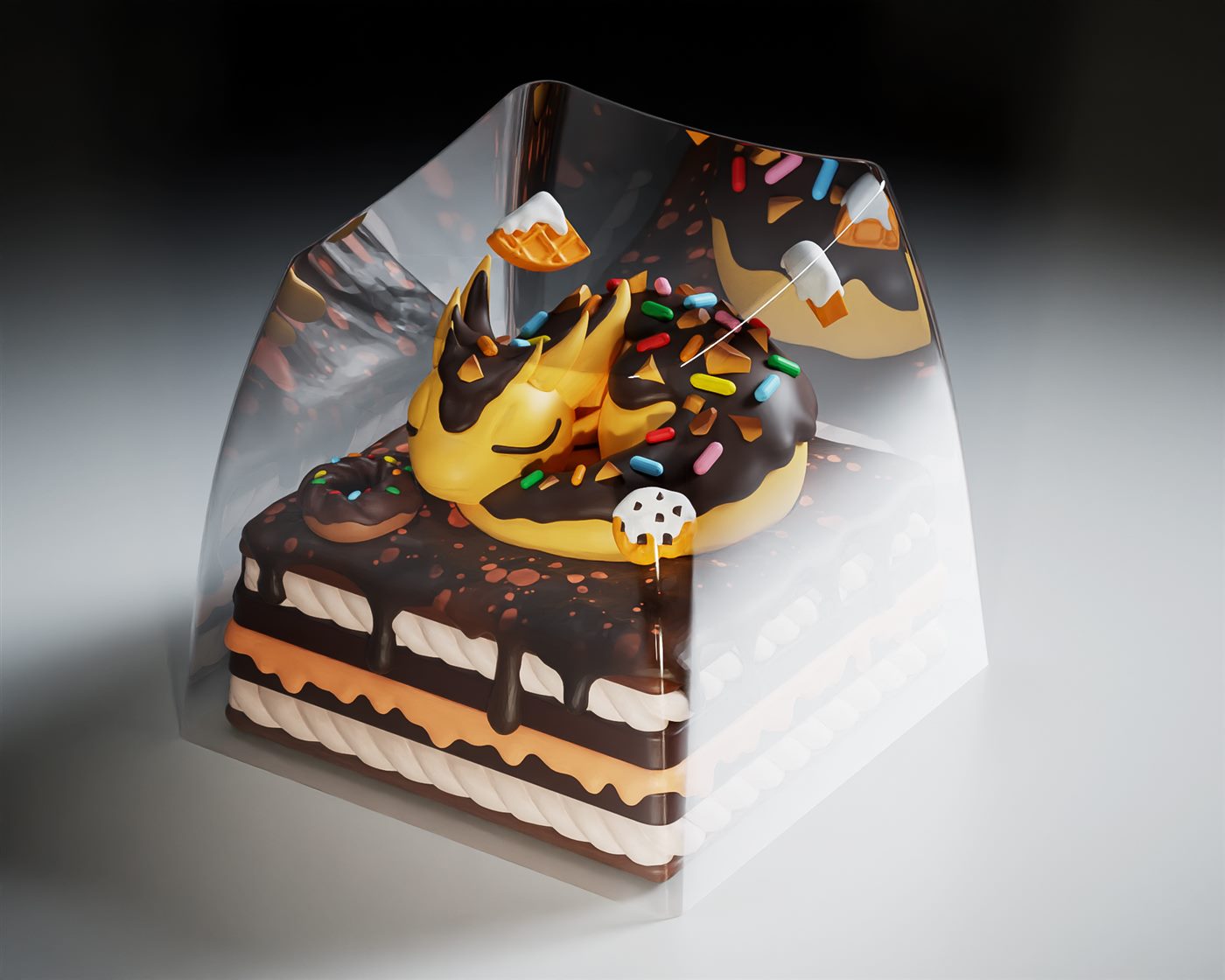 Original cake-themed resin artisan keycap with a miniature character