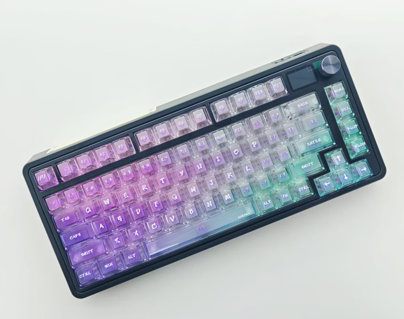 UV-printed transparent custom keycap set with a purple-to-teal gradient by OSHID