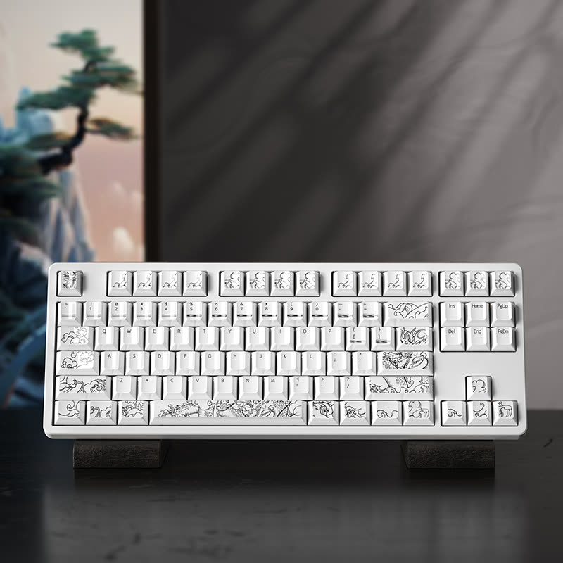 Cherry-profile silk-screen ceramic-effect custom keycap set with ink-wash line art by OSHID