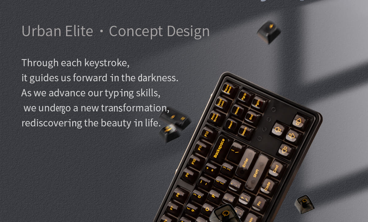 Black translucent polycarbonate keycap set with amber legends, produced by OSHID